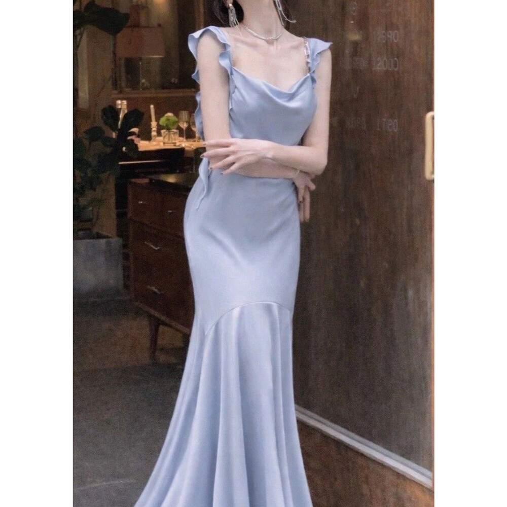 Light blue Spaghetti Strap Ruffles Bodycon Dress Sexy Gown Party Dress Size S